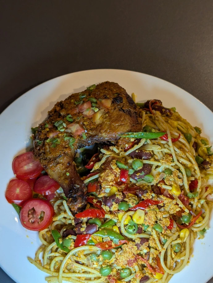 Fire-grilled chicken garden pasta
